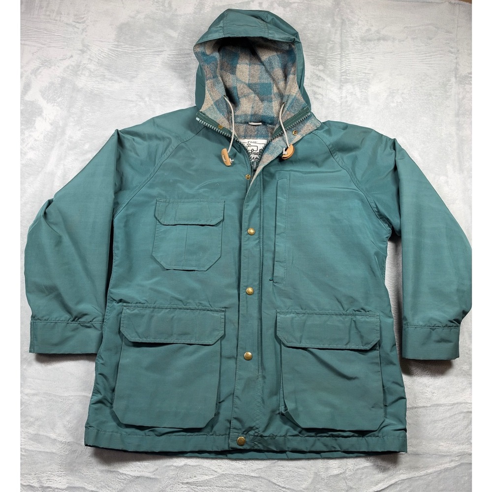 Vintage Woolrich Mountain Parka Womens Large Teal Wool Plaid Lined Hooded USA